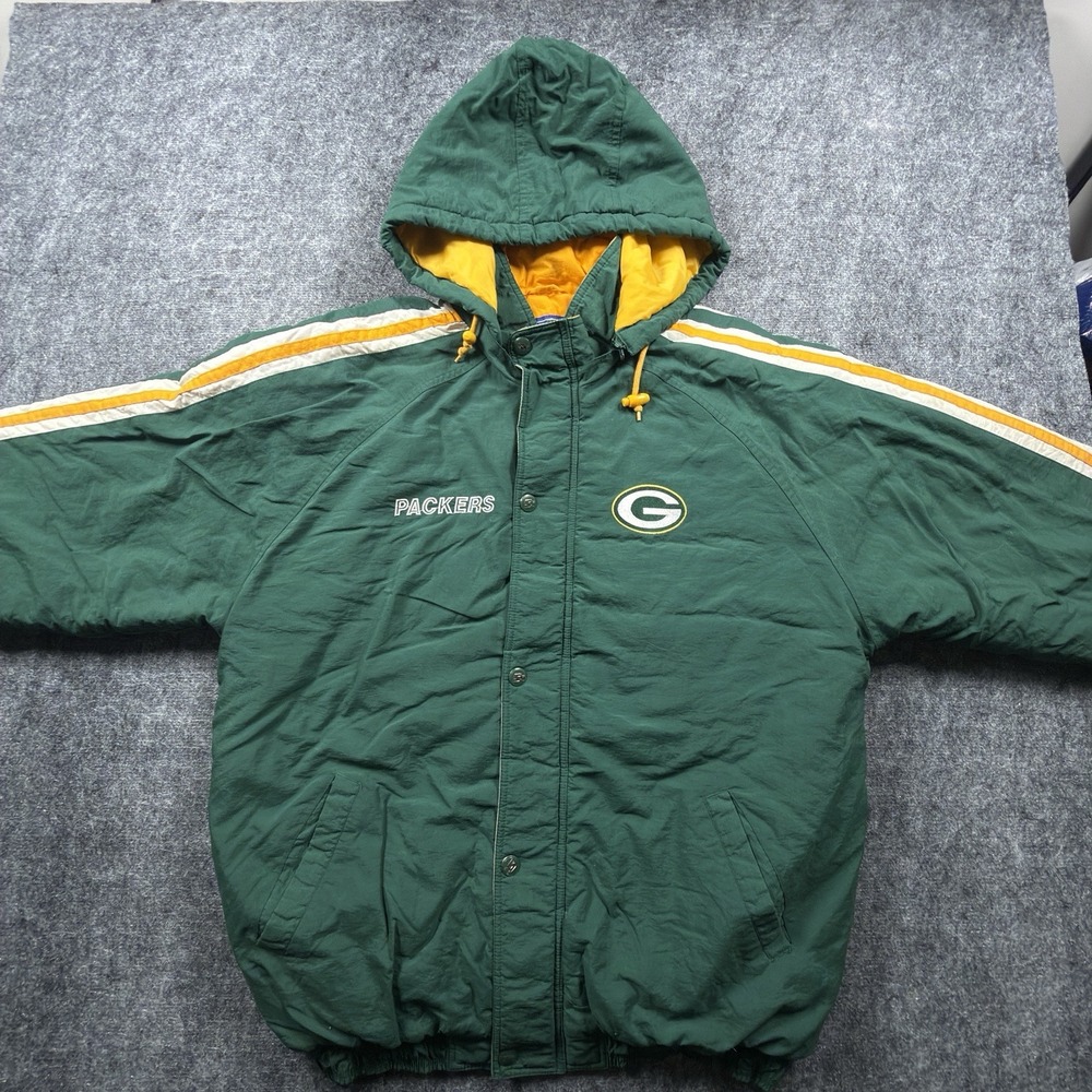 Vintage 90s Starter Green Bay Packers Jacket Mens Large Hooded NFL Green Yellow